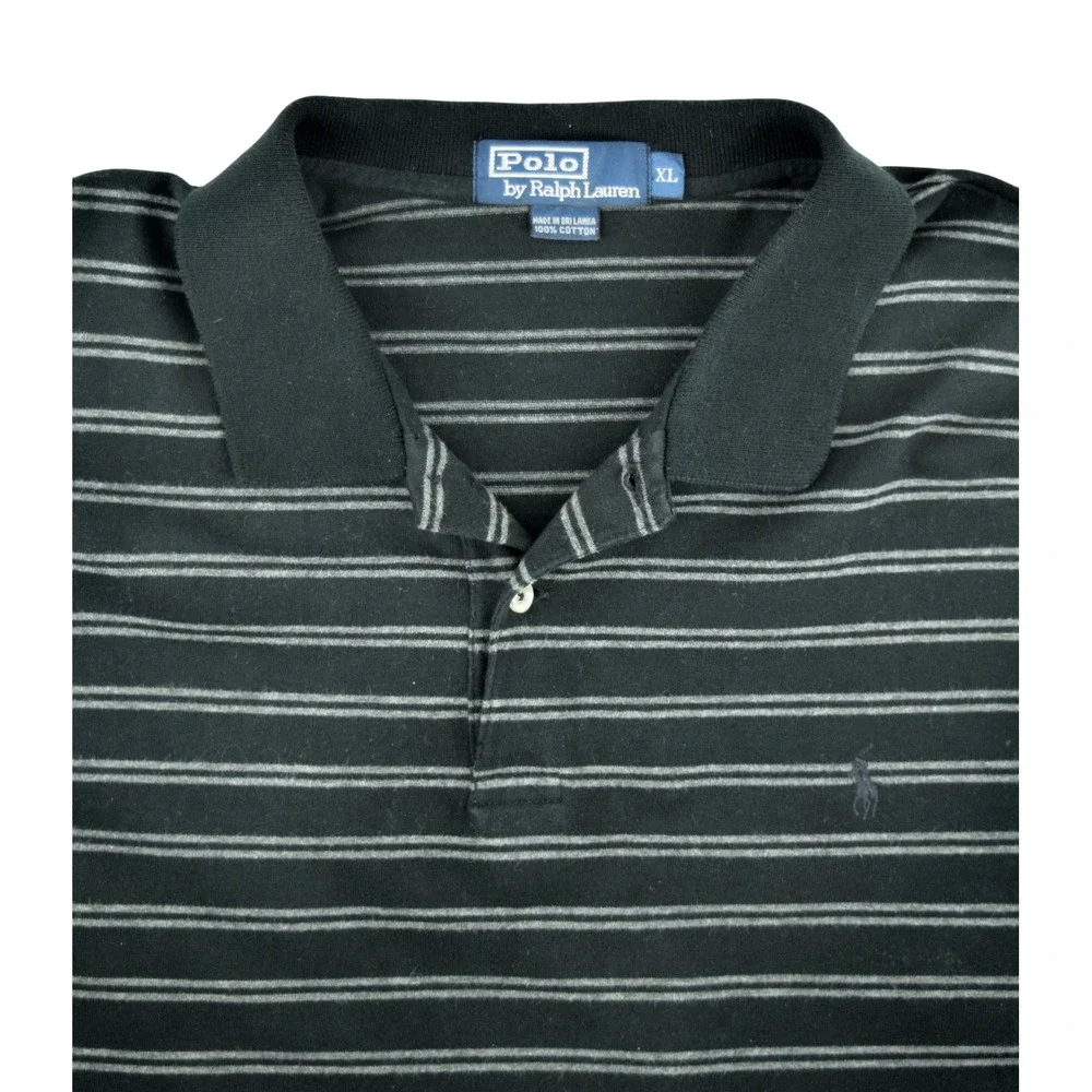Polo Ralph Lauren Men's XL Black & Gray Striped Long Sleeve Cotton Polo Shirt